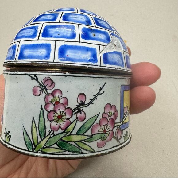 Vintage Enameled Trinket Box Cottage Cherry Blossom Branch  Boho Blue White - Picture 5 of 9